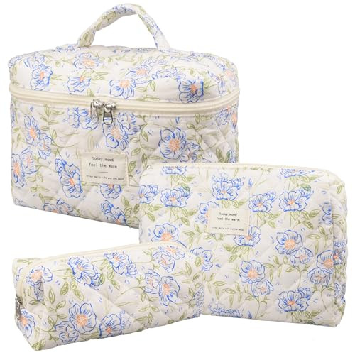 honitty Makeup Bag,Quilted Cosmetic Bag,Large Floral Make Up Bag for Women,Cotton Makeup Bag Set,Flower Travel Toiletry Bag | Amazon (US)