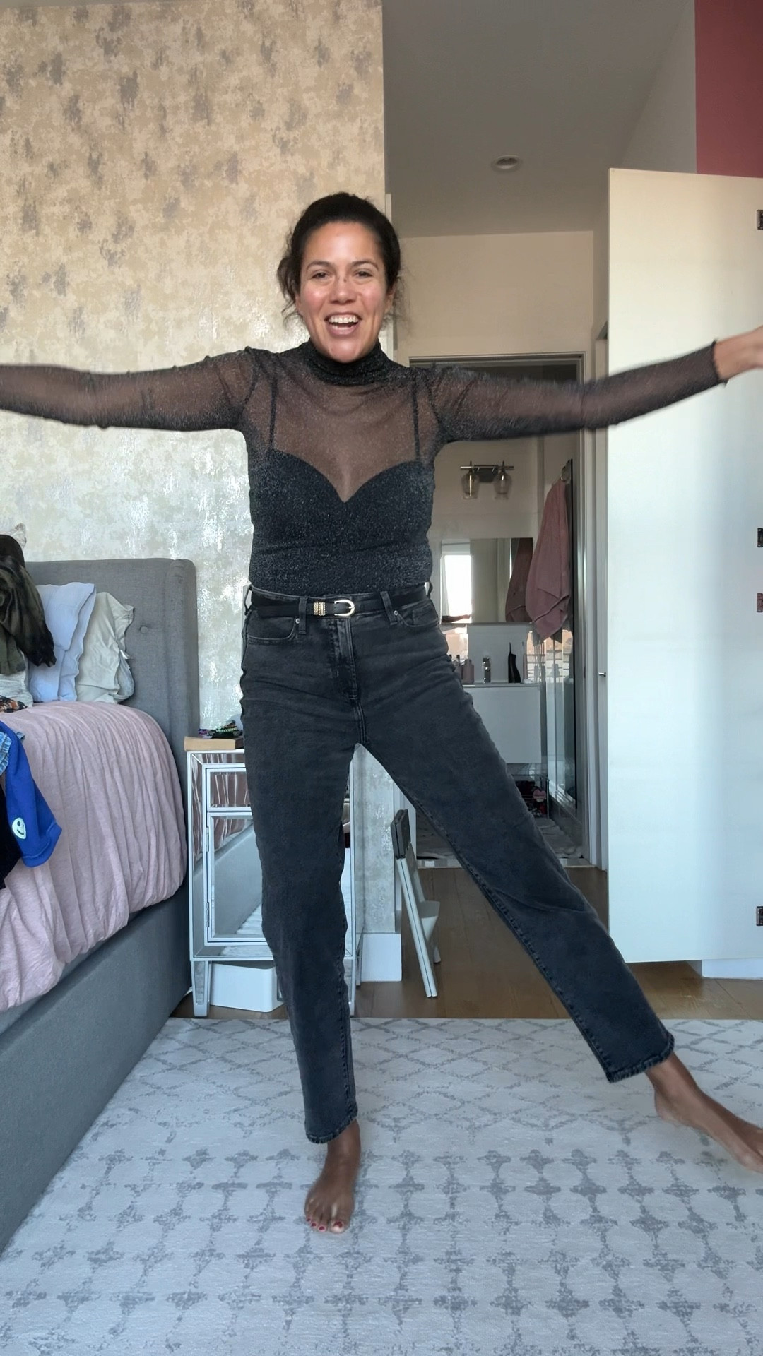 Can’t wait to see so many of you tonight at our live show in NYC!! I think I’m set on my outfit choice, but that second lacy top is still calling to me…maybe will try it with some other bottoms as I’m getting ready! I’m also pumped to bust out those velvet pants this week, they’re so fun. 

Shop these looks in my LTK shop (including sizing tips) - it’s in my profile 🔗 - or comment FITS on this video and I’ll send it right to you ✨.

Look 1 (lol): Winx sweatshirt, Kate Spade PJ pants

Look 2: PatBo velvet wide leg pants, size 10 (run a bit big)

Look 3: Levi’s Ribcage Wide Leg Jeans, size 31 (TTS)

Look 4: SIMKAI sparkly sheer top (size M, very stretchy) over a Hanro shell (size 36D, TTS) and Old Navy jeans (size 10T, TTTS)

Look 5: Jason Wu x RTR lace top (size M, very stretchy) over the same Hanro shell and Old Navy jeans

Look 6: FARM Rio Ikat Blouse, size L (TTS)

Look 7: Madewell top, size L (TTS)

#outfitstryon #dateoutfit #winterfashion

#LTKSeasonal #LTKFindsUnder100 #LTKMidsize