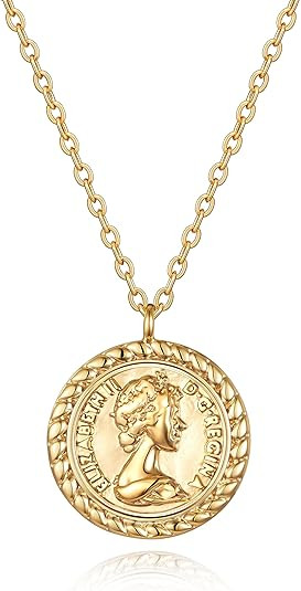 VACRONA Coin Necklace 18k Gold Plated Vintage Textured Medallion Coin Pendant Round Circle Disk D... | Amazon (US)
