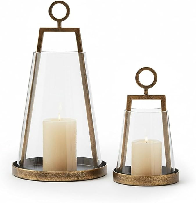 Set of 2 Hurricane Candle Holders, Metal & Glass Decorative Lanterns, Handcrafted Pillar Candle S... | Amazon (CA)