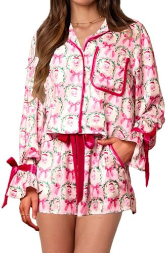 Yiulangde Women Silk Christmas Pjs Cute Santa Bow Tie Pajamas Pink Claus Print Long Sleeve Shirt and Ruffle Shorts Pajama Set Sleepwear | Amazon (US)