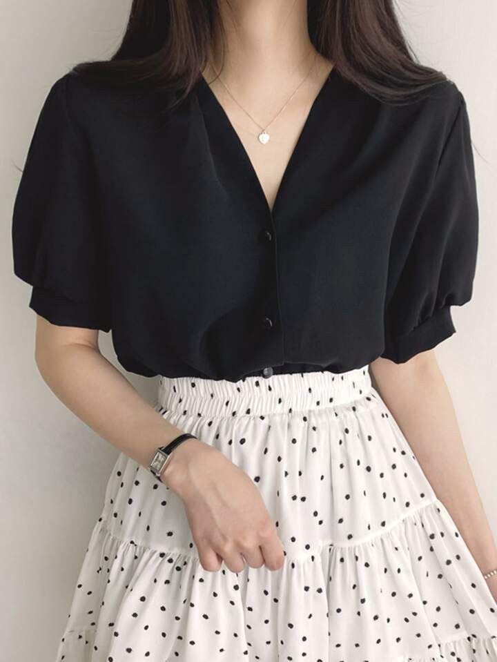 DAZY Solid Button Front Puff Sleeve Blouse | SHEIN