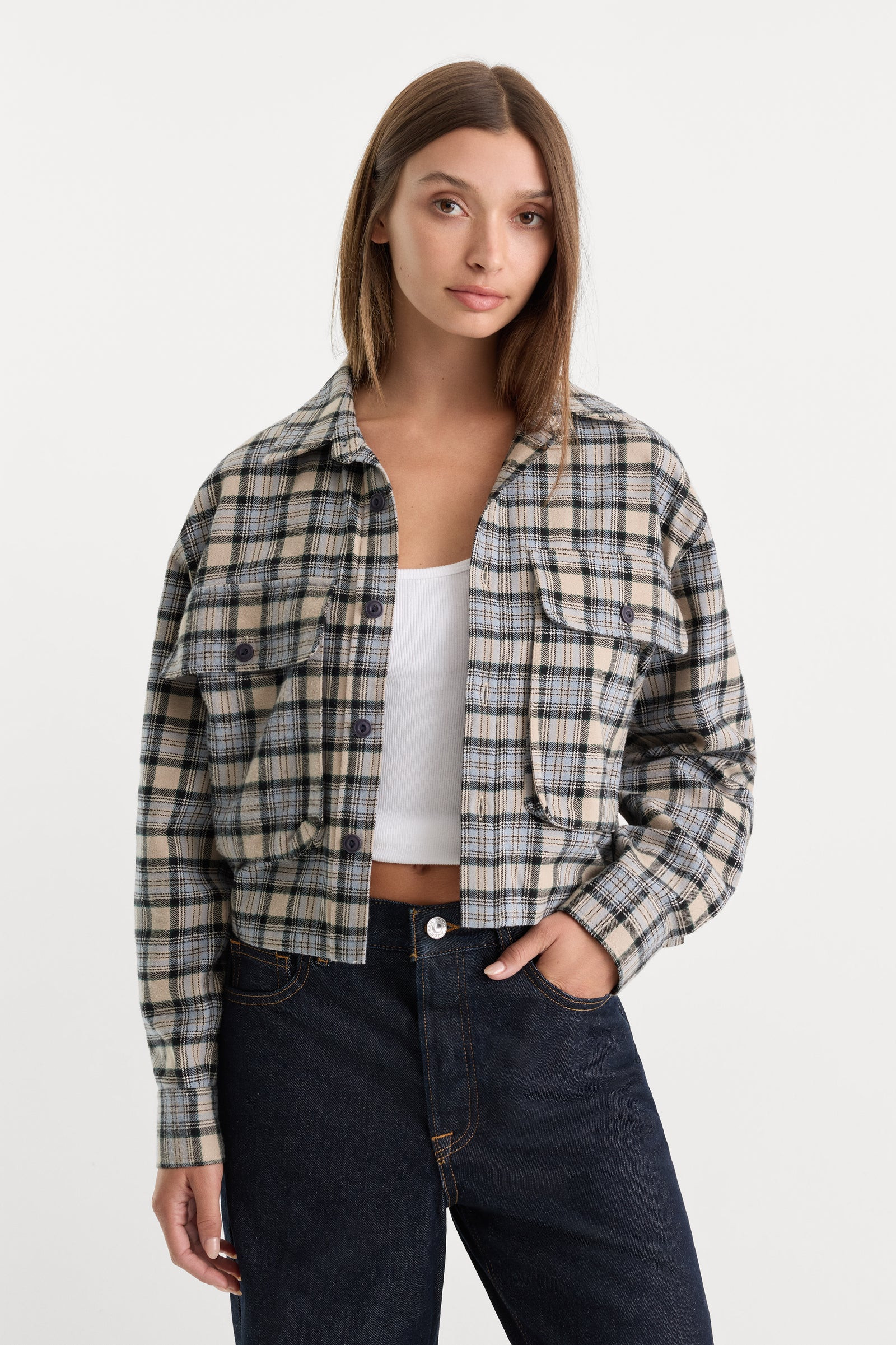 THE PATCH POCKET SHIRT | TAN PLAID | Good American