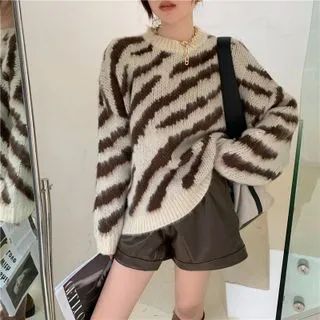 Zebra Print Sweater Sweater - Almond - One Size | YesStyle Global