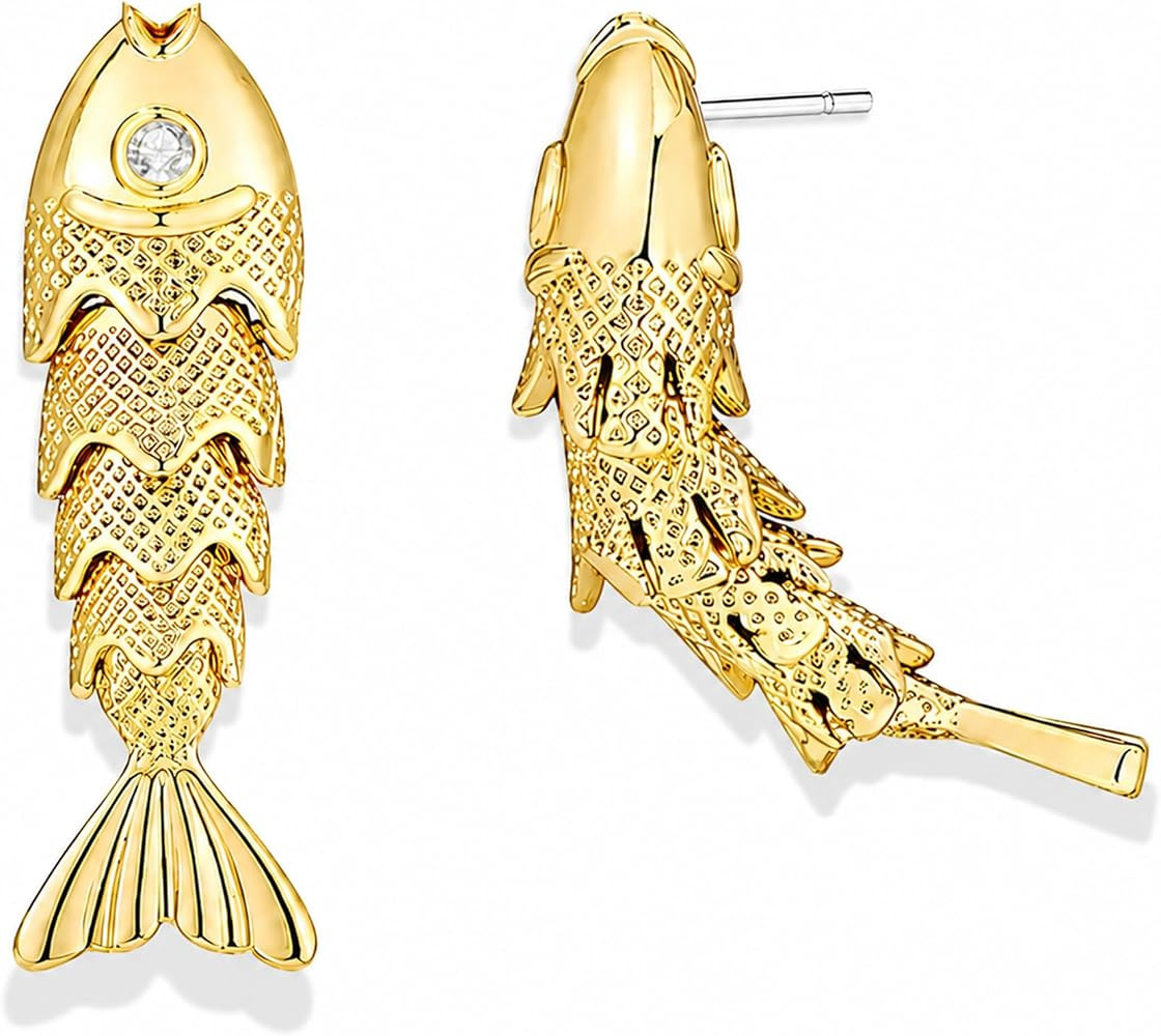 Gold Fish Earrings for Women, Articulated Moving Sardine Drop Dangle Studs with Rhinestone Eye, Q... | Amazon (US)