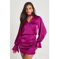 boohoo Women's Satin Blouson Wrap Dress in Magenta | Size: 12 | boohoo (US & Canada)