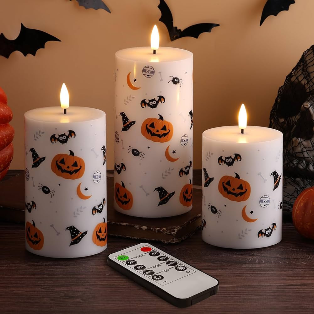 Halloween Flameless Pillar Candles with Remote, Flickering Pumpkin Bats LED Candles Battery Opera... | Amazon (US)