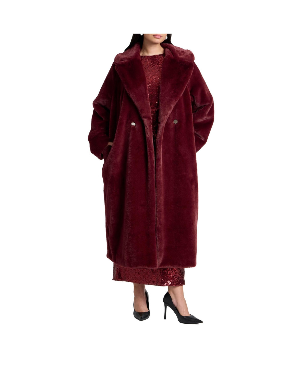 Eloquii Women's Faux Fur Long Coat - Burgundy | Macy's