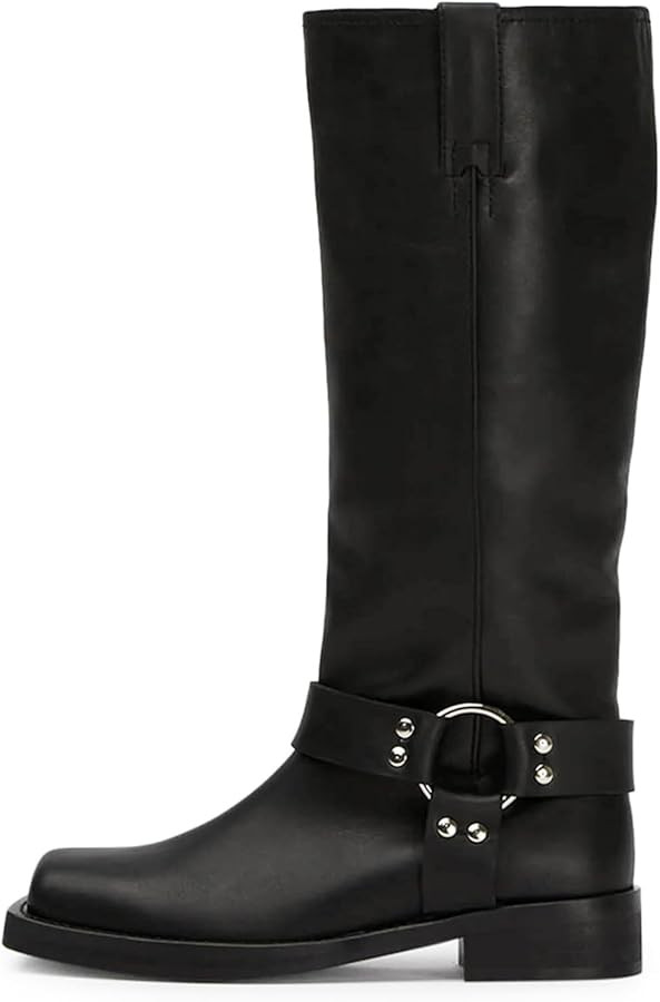 Women's Knee High Riding Boots Leather Studds Biker Boot Square Toe Block Chunky Heel Slip on Tal... | Amazon (US)