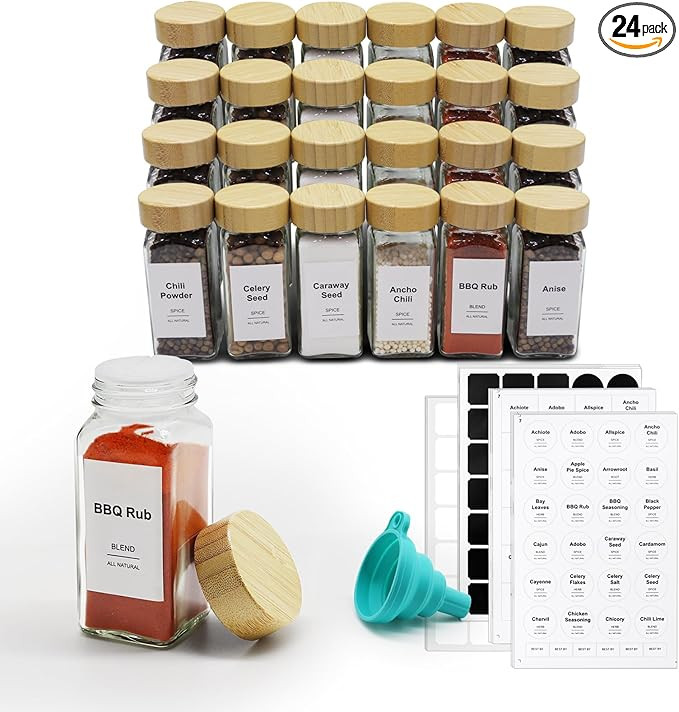 24 Pcs Spice Jars, 4oz Glass Spice Bottles with Bamboo Lids -Square Seasoning Containers - Season... | Amazon (US)