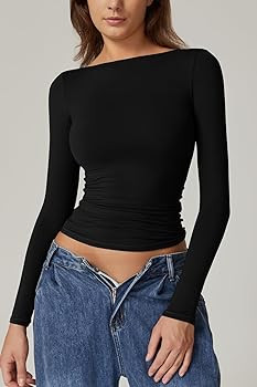 QINSEN Women's Sexy Open Back Long Sleeve Shirts High Neck Double Lined Tees Fitted Going Out Top... | Amazon (US)