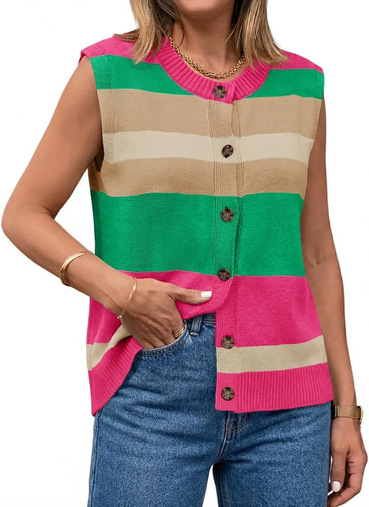 Tankaneo Womens Color Block Striped Sweater Vest Tops Summer Casual Button Up Knit Sleeveless Car... | Amazon (US)
