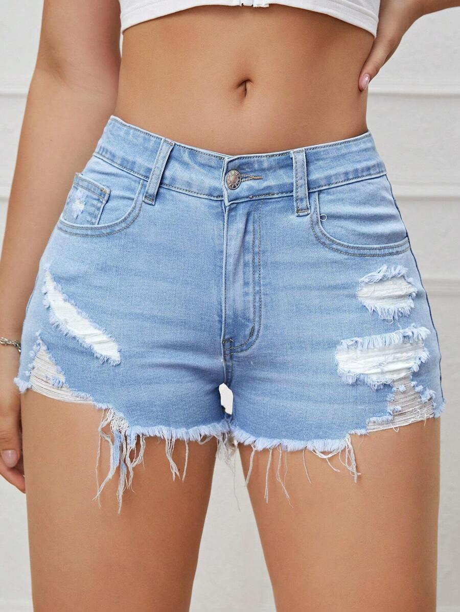 Ripped Raw Hem Denim Shorts | SHEIN