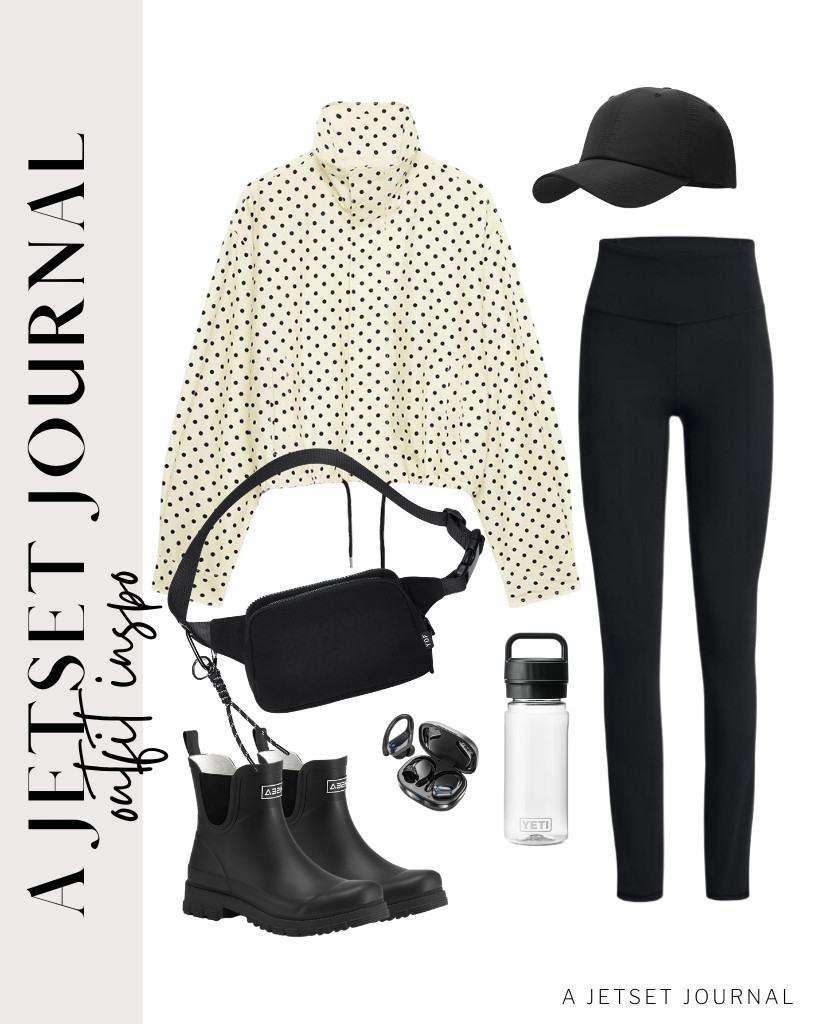 The second outfit is a combination of a beige polka dot jacket and buttery-soft leggings. For rainy days, wear a HISEA ankle rubber rain boot that matches perfectly with this outfit idea. A waterproof nylon waist bag is cool, too! 

 #LTKSeasonal #LTKSaleAlert #LTKTravel
