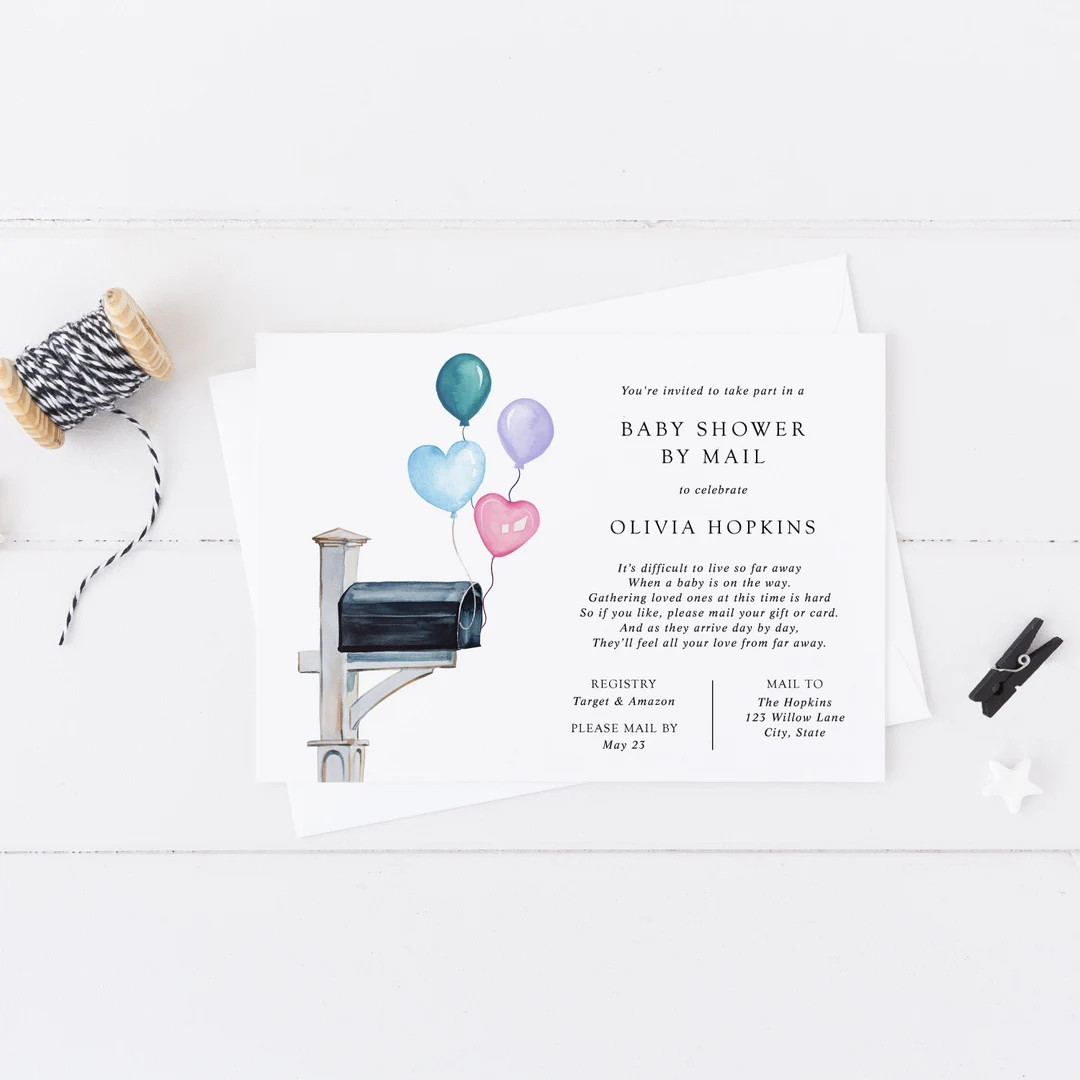 Baby Shower by Mail Invitation, Gender Neutral Balloons, Printable Long Distance Baby Shower Invi... | Etsy (US)