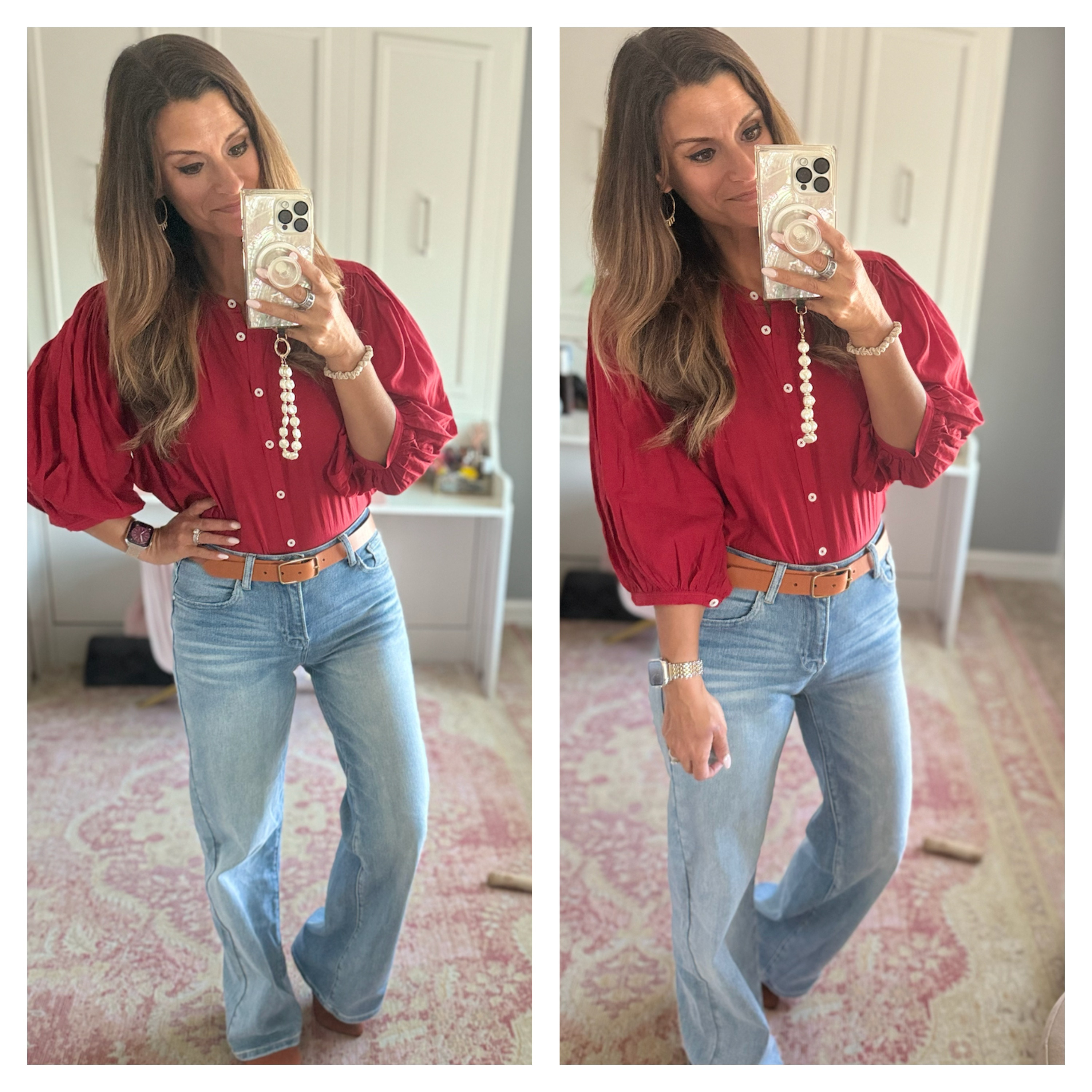 Casual fall outfit with a red blouse and jeans 

 #LTKFindsUnder100 #LTKStyleTip