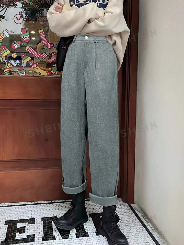 Fashionable Corduroy Pocket Casual Long Pants | SHEIN