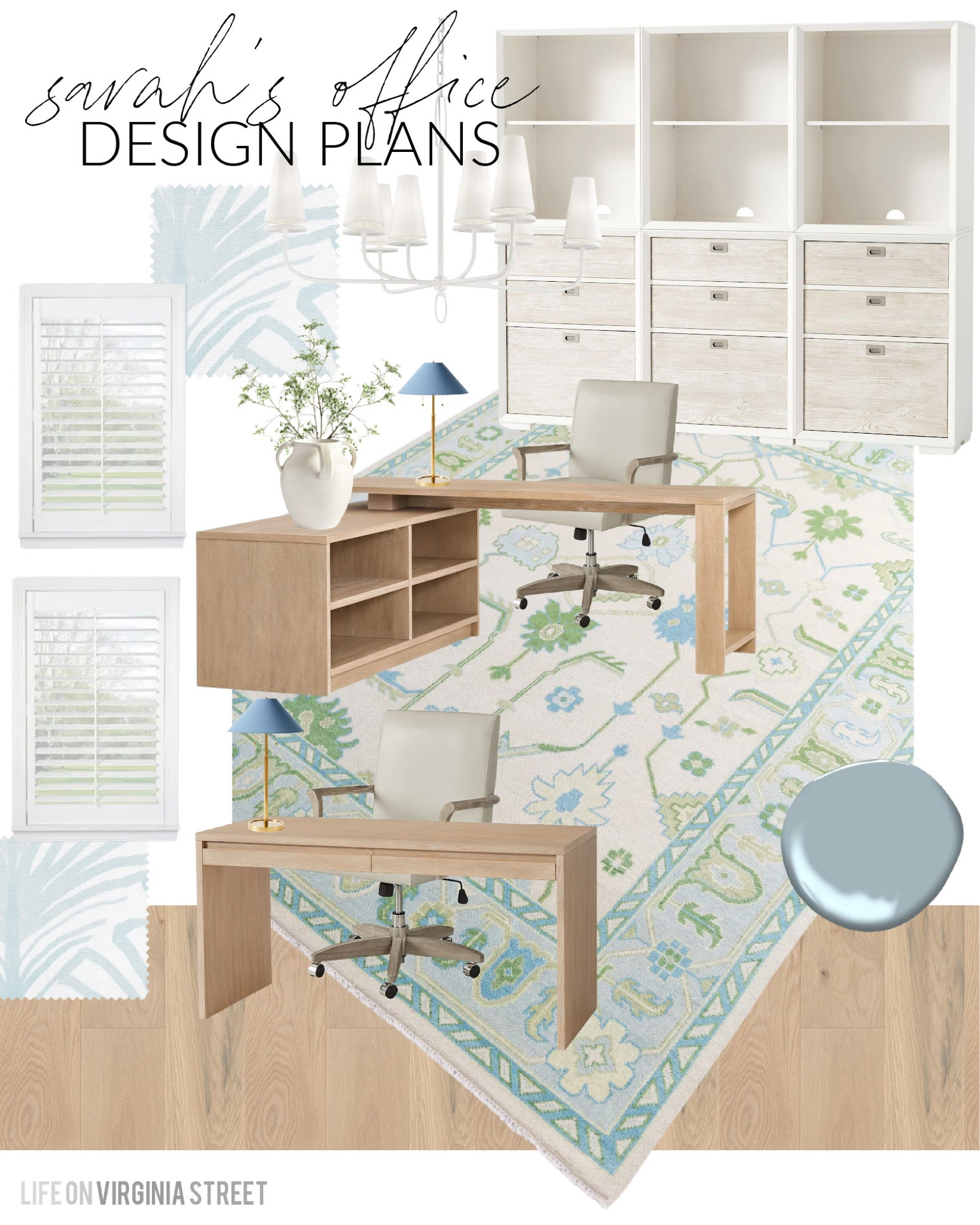 Design plans for my new Florida home office! I’m bringing in all the coastal vibes with light blue palm leaf fabric curtains, white oak desks, a colorful rug, white plaster chandelier, whitewashed wood bookcases, leather desk chairs and coastal accessories! Get more details and additional design plans here: https://lifeonvirginiastreet.com/florida-design-plan-ideas/
.
#ltkhome #ltksalealert #ltkunder50 #ltkunder100 #ltkstyletip #ltkfind #ltkseasonal

#LTKsalealert #LTKhome #LTKSeasonal