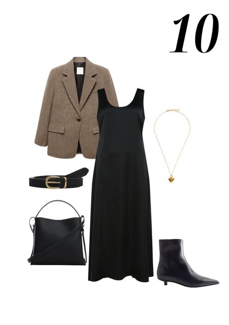 Styling a black slip dress with a brown houndstooth blazer, tie a gold buckle belt around the waist.  Accessorise with a gold heart necklace and finish off with a black shopper and black ankle boots with kitten heel

#LTKstyletip