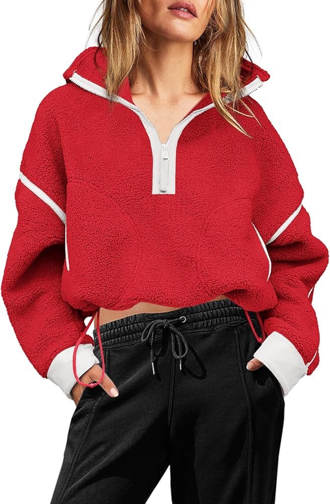 Yanekop Womens 1/2 Zip Up Sherpa Pullover Fuzzy Fleece Sweatshirt Fluffy Lapel Outerwear with Poc... | Amazon (US)