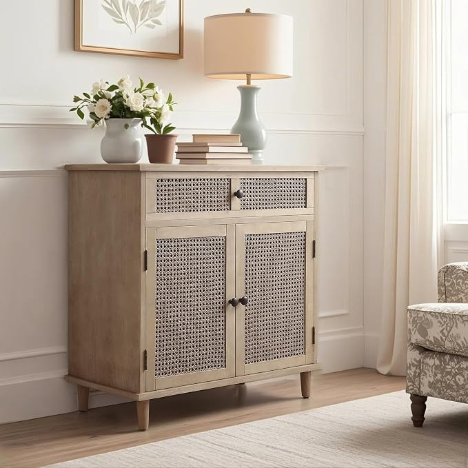 Fat Ant Sideboard Buffet Cabinet, Rattan Storage Cabinet with 2 Doors and Removable Shelf, Farmho... | Amazon (US)