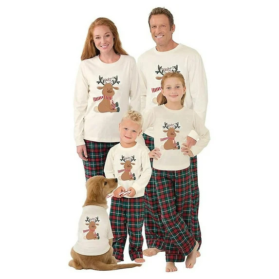 Family Christmas Pajamas Matching Set, Elk Print Long-Sleeve Tops with Plaid Pants Sleepwear Set ... | Walmart (US)