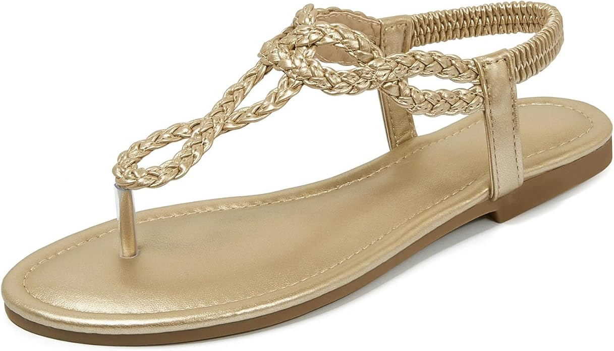 iCKER Women Rhinestone Sandals T-Strap Buckle Bohemian Pearl Crystal Flat Sandals | Amazon (US)