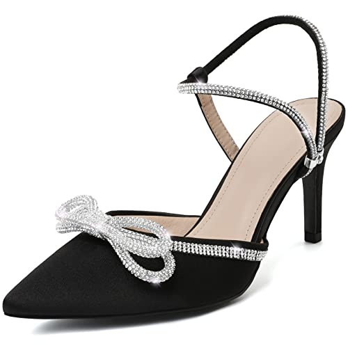 RIBONGZ Black Rhinestone Heels for Women Bow Heels Evening Party Ankle Strap Closed Toe Pumps Office Kitten Heels Dress Heeled Prom Shoes 6.5 | Amazon (US)