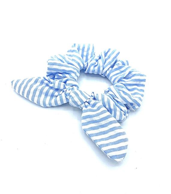 Blue and White Striped Seersucker Bow Knot Scrunchie, Bunny Ear Scrunchie | Etsy (US)