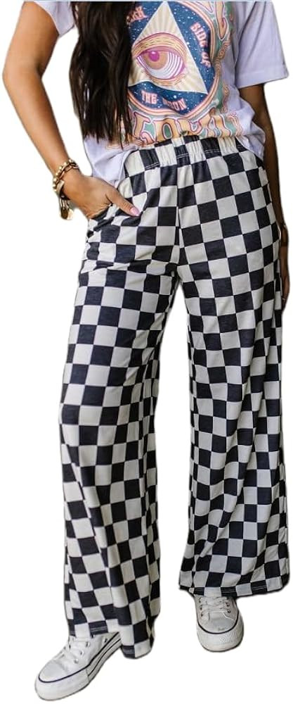 FEORJGP Womens Casual Straight Wide Leg Flare Pants High Waist Baggy Checkerboard Printed Trouser... | Amazon (US)