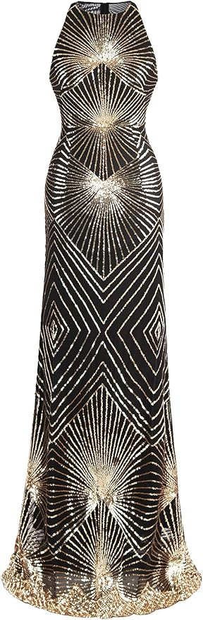 Angel-fashions Women's Gold Sequin Art Deco Column Sparkle Long Evening Gown | Amazon (US)