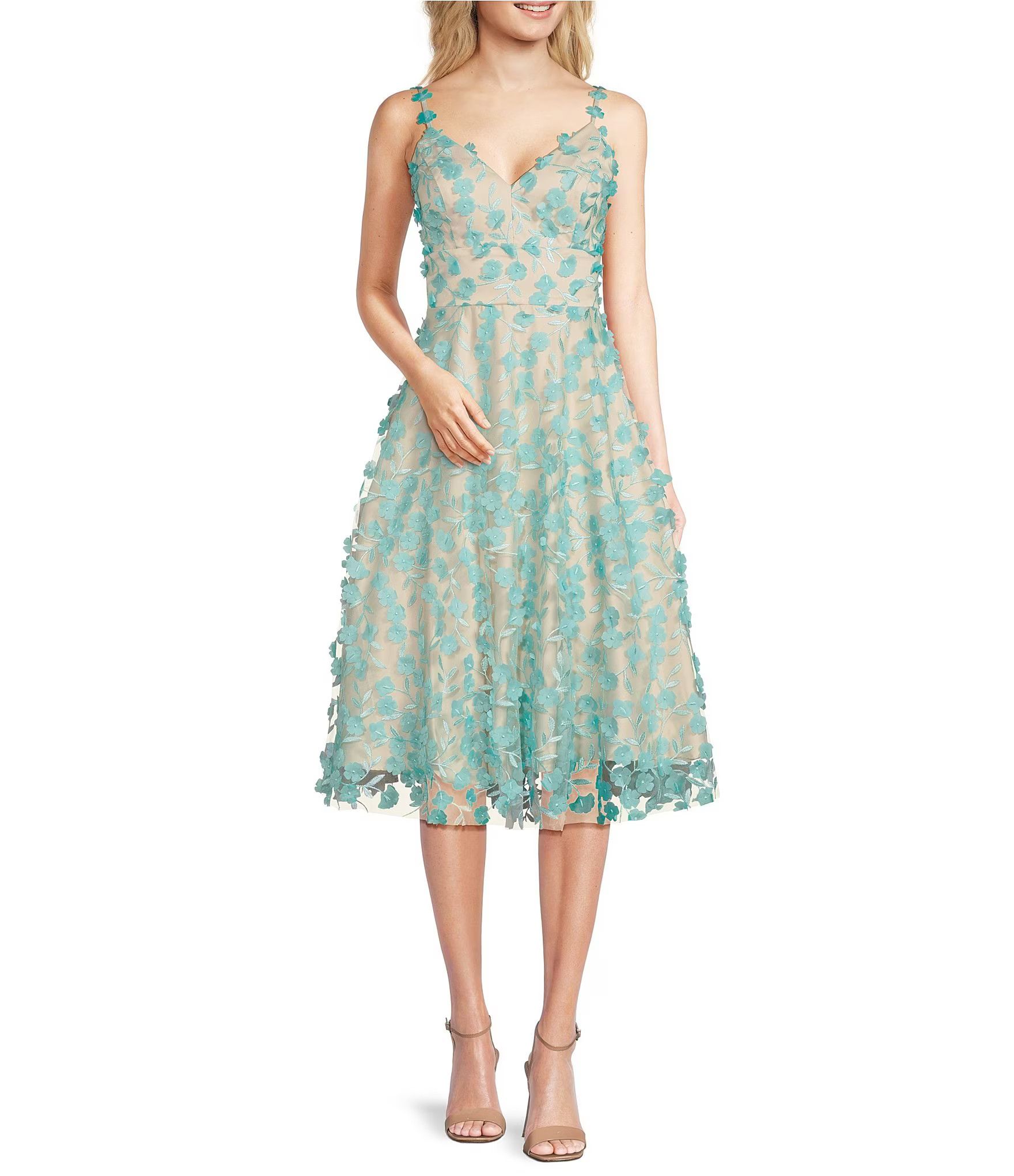 3D Floral V-Neck Sleeveless Fit and Flare Dress | Dillard's