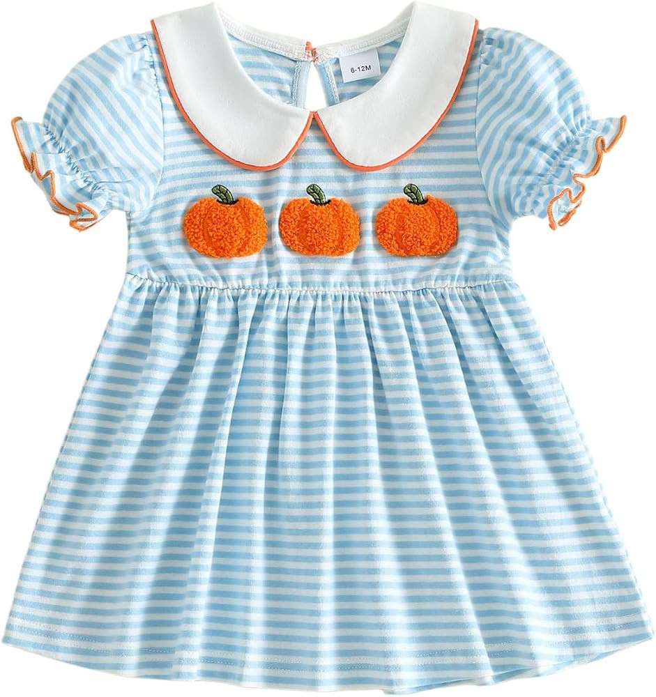 Toddler Girls Halloween Pumpkin Smocked Dress Short Sleeve Striped Dress | Amazon (US)