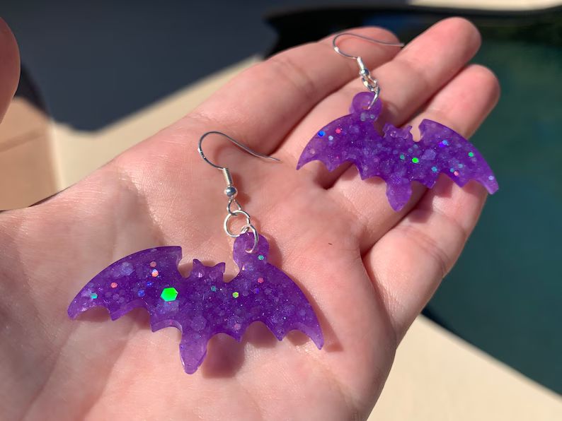 Purple Sparkly Bat Earrings | Handmade Resin Bat Earrings w/ Holographic Glitter | Spooky Hallowe... | Etsy (US)