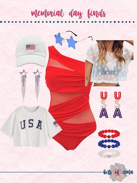 Memorial Day finds | patriotic cap | star sunglasses | red one-shoulder swimsuit | star-patterned crop top | beaded star earrings | USA lettered crop top | USA beaded bracelets | red, white, and blue accessories | festive holiday wear | American flag apparel | patriotic outfit ideas | Fourth of July attire | Memorial Day celebration gear | summer patriotic fashion | summer outfit idea | red bathing suit | Memorial Day outfit | 

#LTKStyleTip #LTKFindsUnder50 #LTKSeasonal