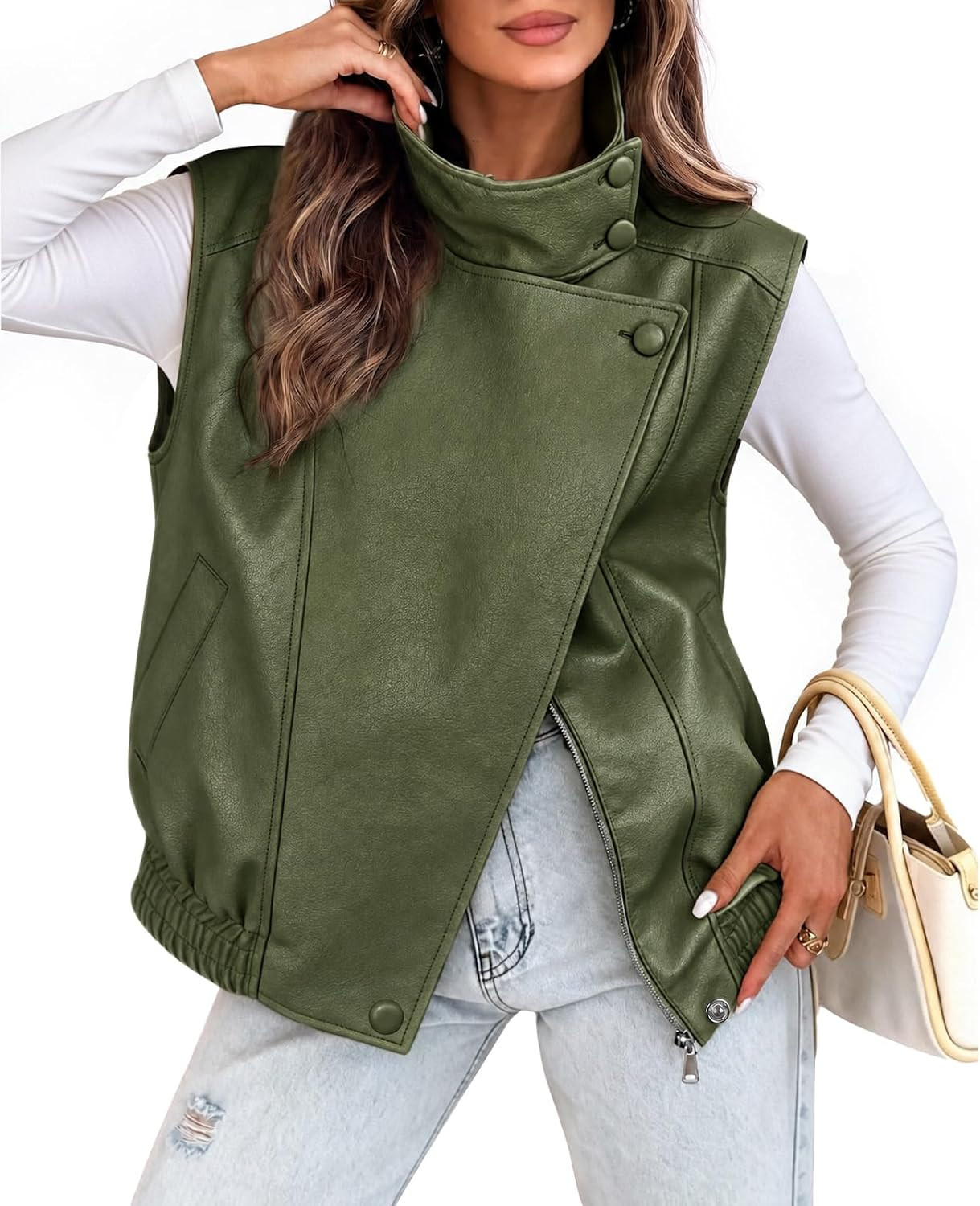 Tankaneo Womens Oversized Faux Leather Vest Stand Collar Sleeveless Jacket | Amazon (US)