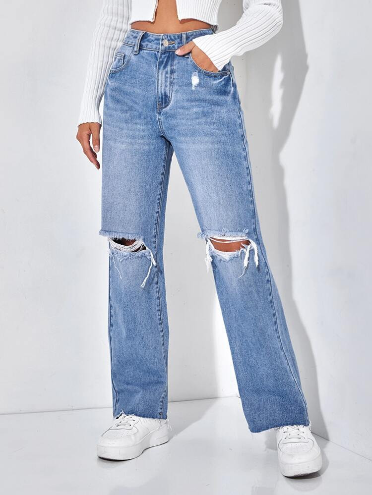SHEIN PETITE Ripped Straight Leg Jeans | SHEIN