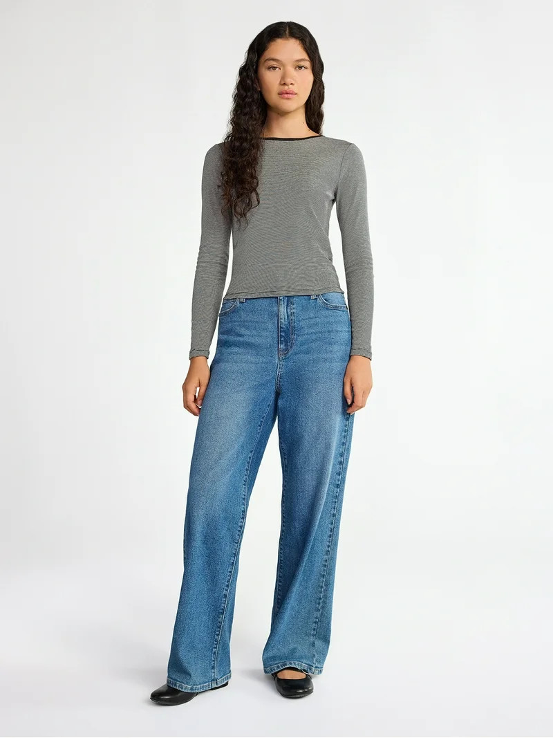 No Boundaries Striped Tee with Long Sleeves, Women's | Walmart (US)