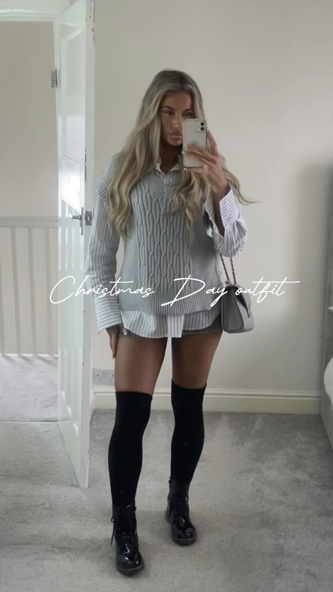 Super cute Christmas Day outfit, grey knit hem sweater vest, pinstripe white shirt, checkered mini skirt, glossy black patent lace up boots, over the knee black socks, grey Michael Kors handbag. I found very similar items for the bag, shirt and skirt from where they were originally purchased from 🫶🏽❄️ 

#LTKSeasonal #LTKHoliday LTKFestiveSaleUK