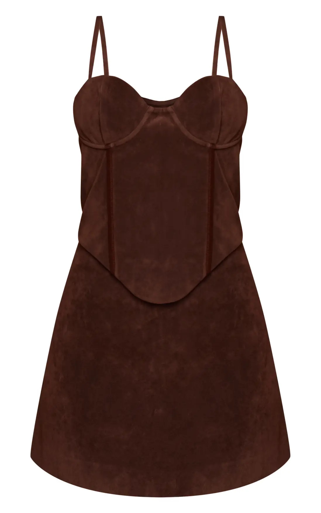 Chocolate Suede Corset Detail Mini Shift Dress | PrettyLittleThing USA | PrettyLittleThing US