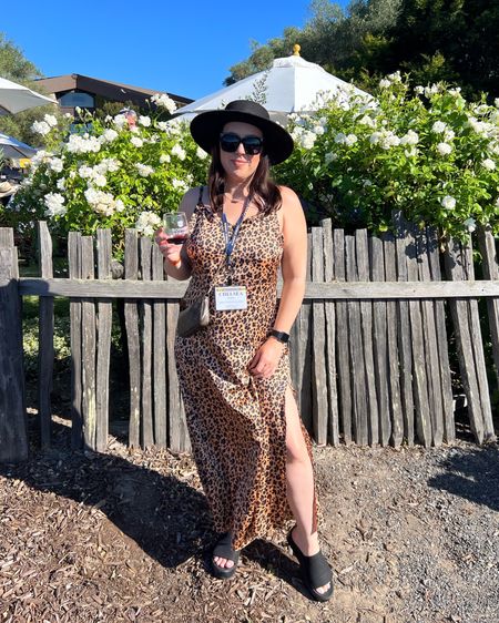 Wine county summer concert outfit: leopard maxi slip dress, boater hat, flatforms, vintage LV pouch wallet on chain

#LTKstyletip #LTKFind #LTKshoecrush