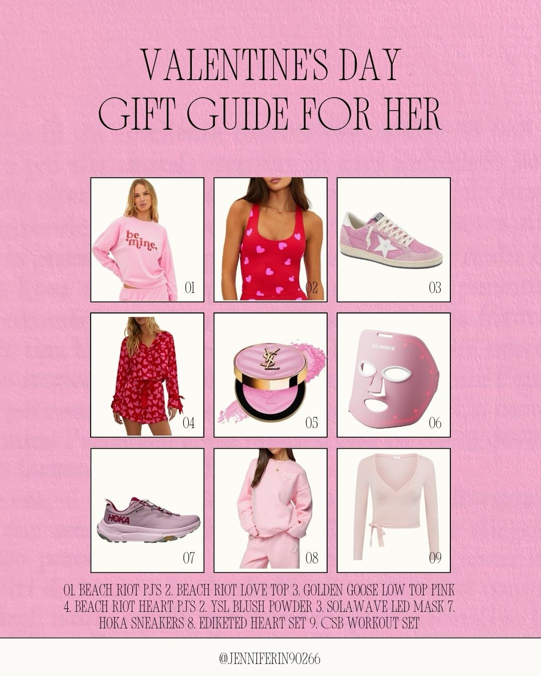 VALENTINE’S DAY GIFT GUIDE FOR HER 💕  

From cozy heart PJs and flirty tops to glow-boosting beauty and the cutest pink sneakers, I’ve rounded up my favorite girly gifts for every vibe — lounge, workout, and date night. Shop the exact pieces, send this to your Valentine as a hint, or treat yourself because you deserve something pretty. 💘

✨ Featured: @Beach Riot sets, Golden Goose & HOKA sneakers, @YSL beauty, Solawave LED mask & more.  