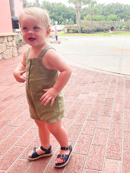Toddler boy outfit // green romper, sun san sandals 

#LTKfamily #LTKbaby #LTKkids