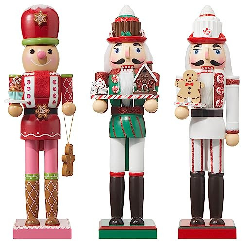 Geetery 3 Pcs Christmas Nutcrackers Figures Decor 14 Inch Wooden Nutcracker Decorations Large Christmas Table Centerpiece Decor for Shelves Indoor Holiday Party(Gingerbread Style) | Amazon (US)