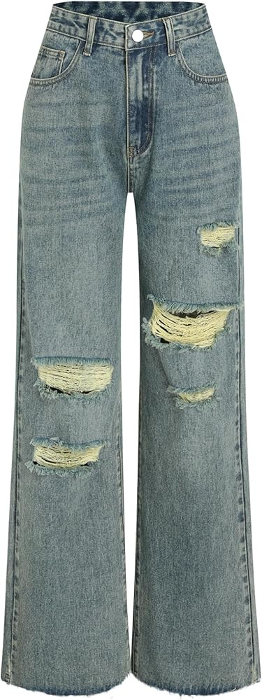 CIDER Women\u2019s Ripped Jeans High Waisted Distressed Baggy Straight Wide Leg Pants | Amazon (US)
