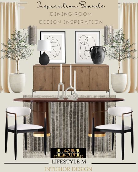 Modern farmhouse dining room inspiration. Recreate the look at home by shopping the pieces below. Wood dining table, dining chairs, dining room rug, wood buffet console table, white planters, faux olive tree, black table lamp, black jar vase, wall art, wall sconce lights, cream curtains, decorative candle holders.

#LTKstyletip #LTKhome #LTKSeasonal
