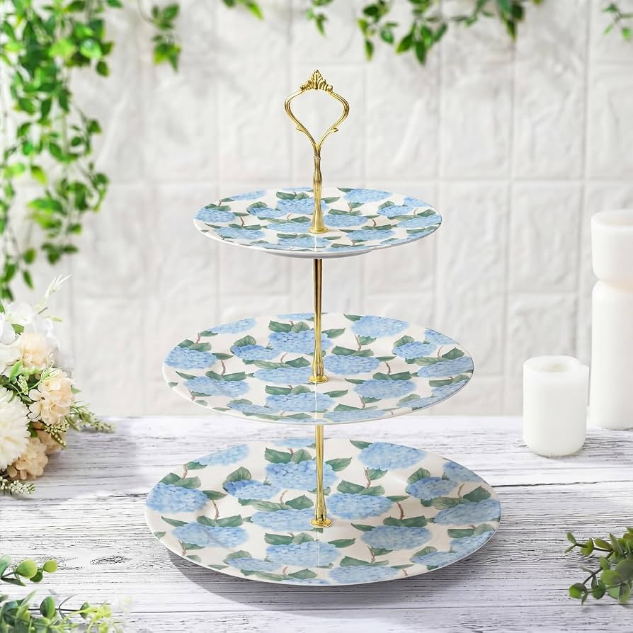Lallisa 3 Tier Blue Hydrangea Cake Stand 10", 9" and 7" Ceramic Serving Tray Dessert Cupcake Disp... | Amazon (US)
