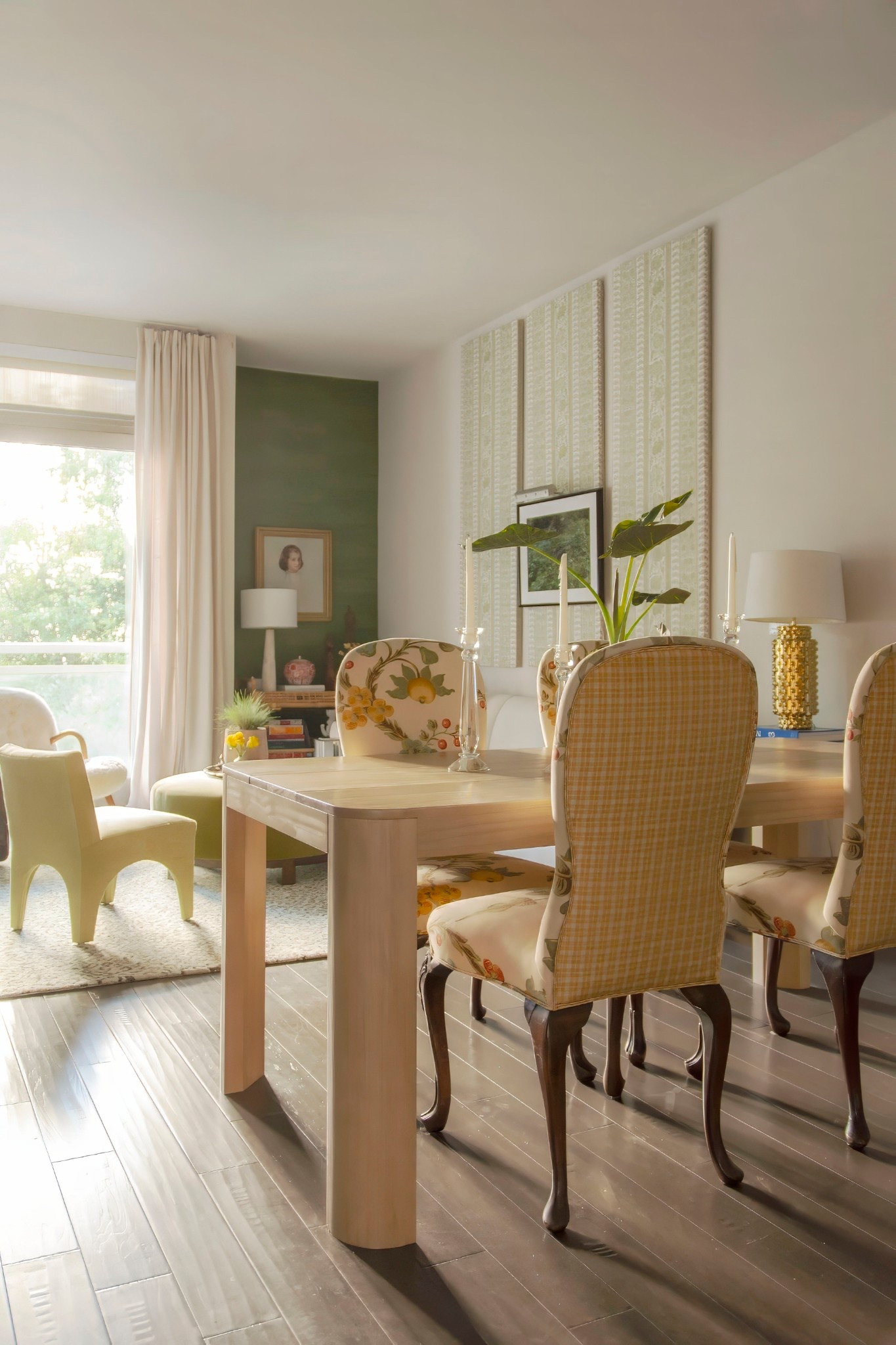 Designer yellow and green dining area and living room design with grass cloth wallpaper, Lee Jofa fabric panels, antique dining chairs, and custom upholstery, interior design inspiration 

#LTKStyleTip #LTKHome