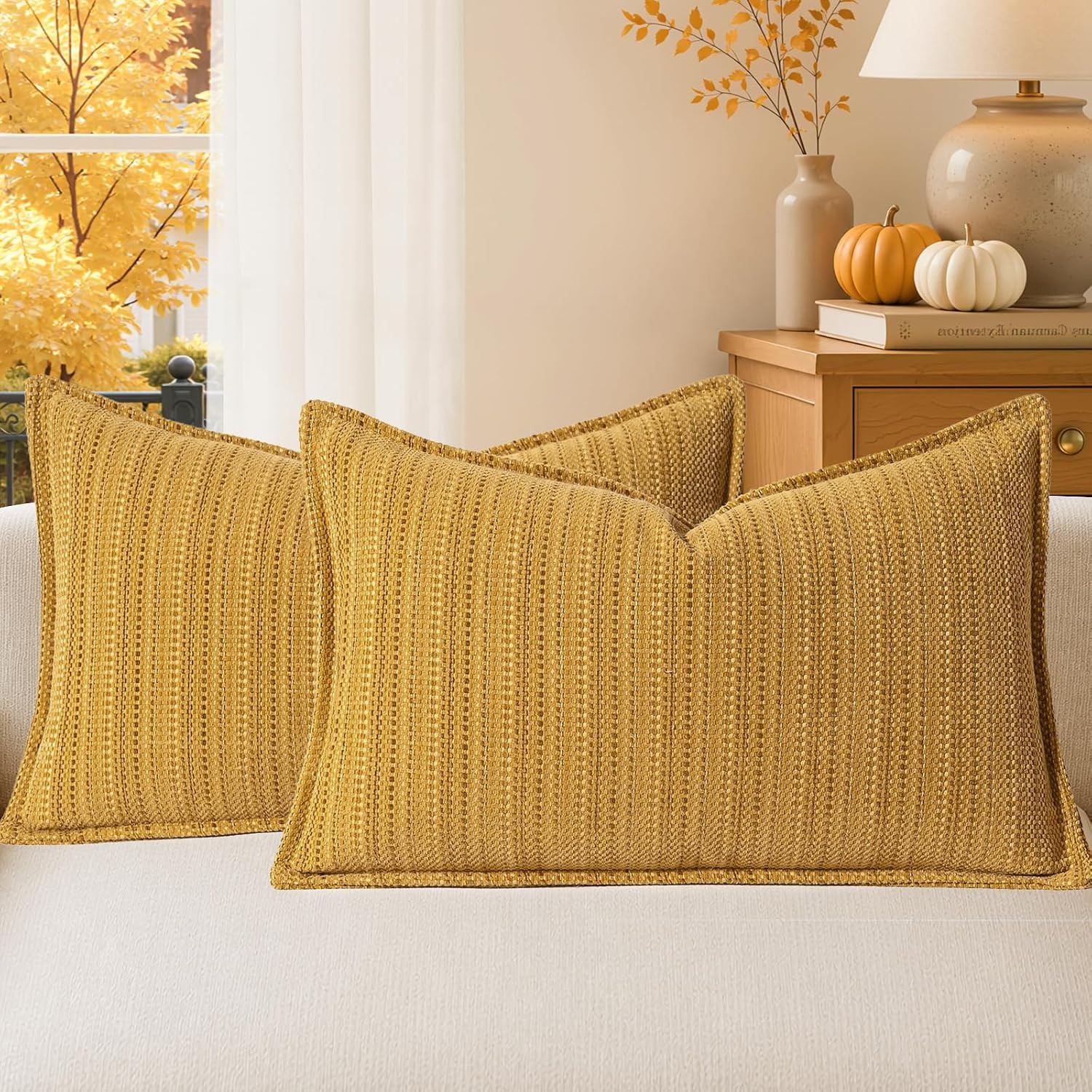 a moment Mustard Yellow Designer Textured Throw Pillow Covers 12x20 Set of 2 Vertical Striped Chenille Cushion Covers Decorative Pillowcases for Couch Sofa Bed Living Room Boho Farmhouse Home Decor | Amazon (US)