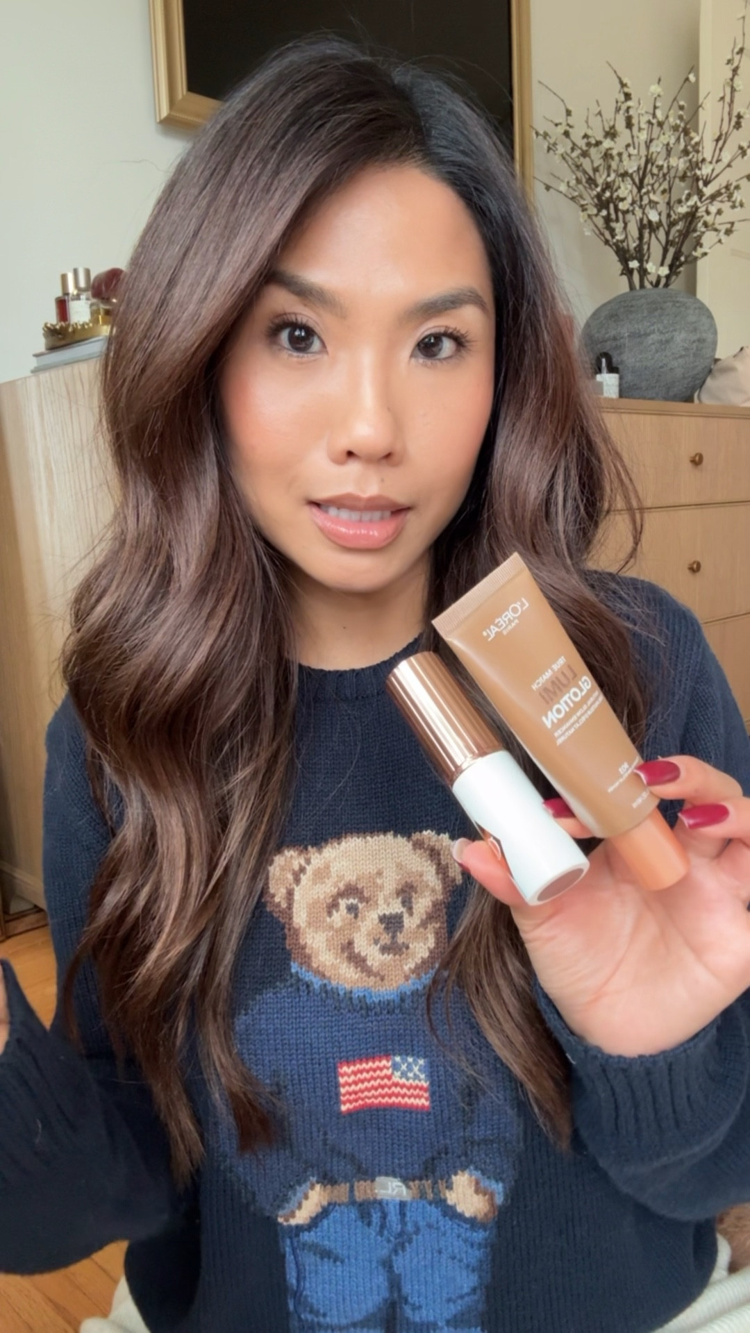 Glowy base makeup!Skipped foundation and did the Lumi Glotion all over my face with some of the unreal skin tint on the center of my face 

Shades:
Lumi Glotion - Medium
CT tint stick - 7.5
Tarte Undereye corrector - shade medium tan peach
Lancôme concealer - 320 Bisque Warm
Mario liquid bronzer - Medium
Merit cream blush - Terracotta
Hourglass Powder - Medium
Hourglass Swan Palette - used bronzer and highlight 
Kosas Blush - Dreamland
MAC liner - Oak
Makeup by Mario Lipstick - Erin
Armani Lipgloss - 07 Nude Glow